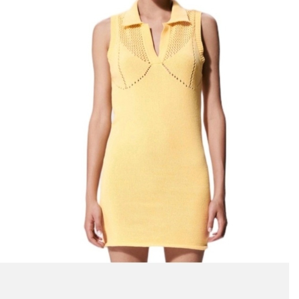 Zara Yellow Knit Mini Dress Sleeveless Polo Collar Back Cutout Medium
